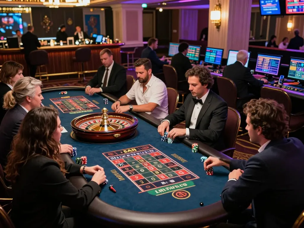 Players experiencing thrilling gameplay at tg 88 online casino roulette table, chips and wheel in focus.