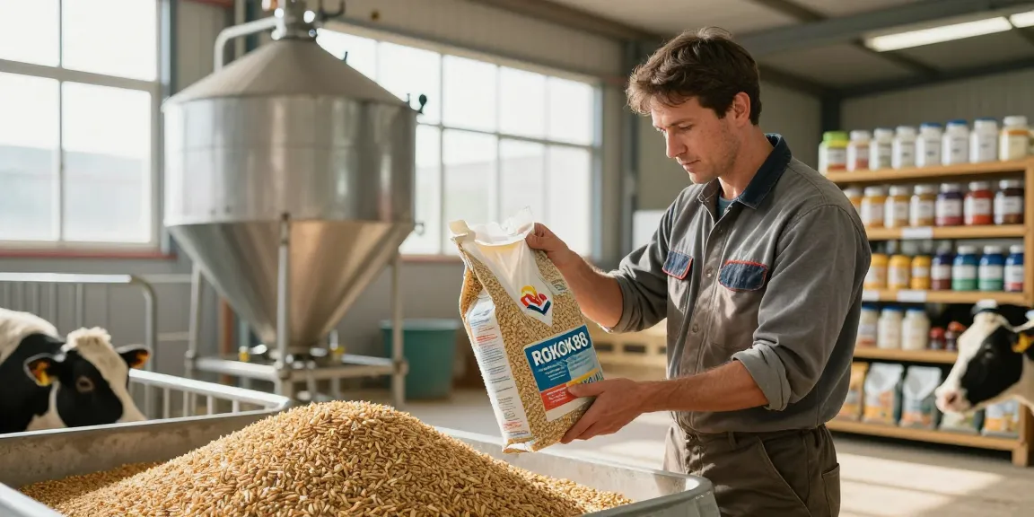 High-quality animal feed from ROKOK88 being inspected at a feed mill by a farmer dedicated to livestock nutrition.
