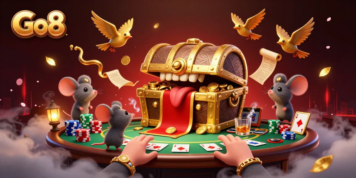 Engage with Go8's exciting casino atmosphere featuring a treasure chest, poker elements, and vibrant decorations.