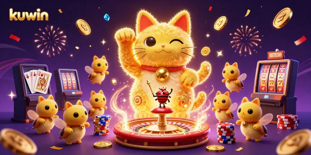 Kuwin brings excitement with a vibrant casino scene featuring a lucky cat, fireflies, and iconic symbols.