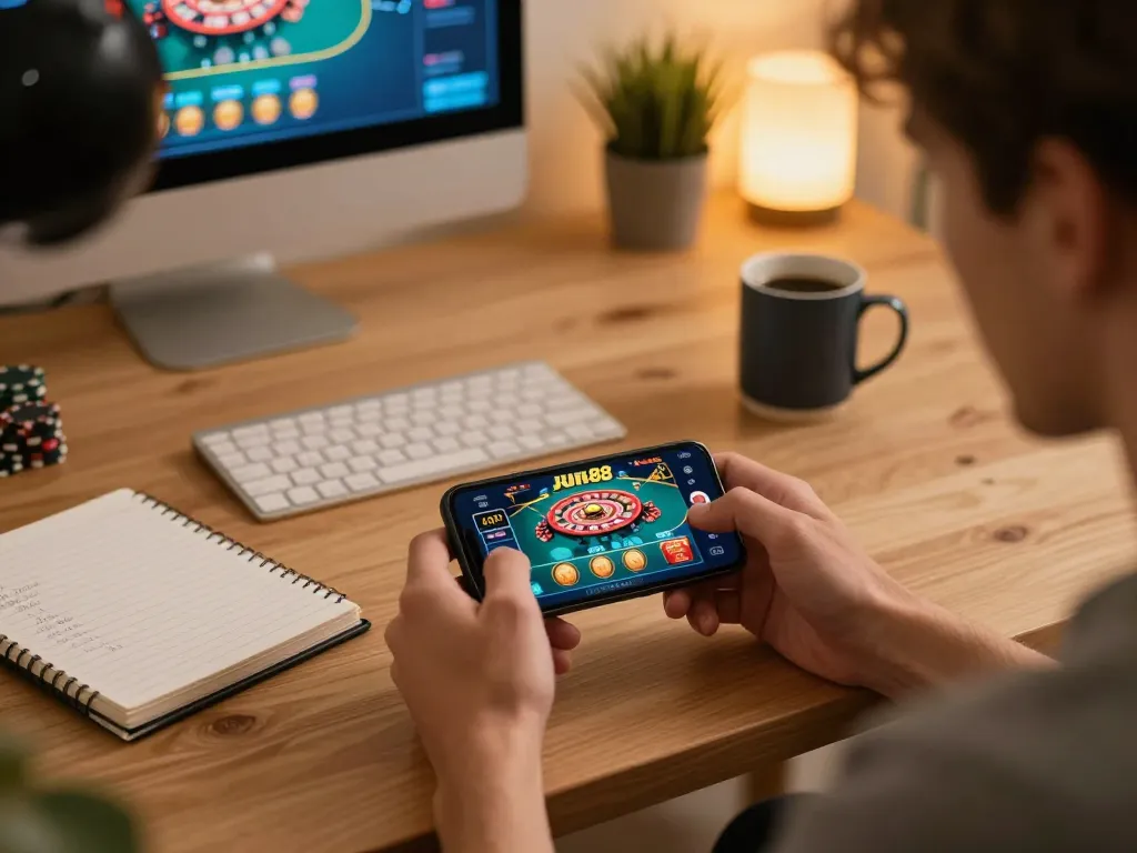 Player enjoying Jun88 casino app on smartphone while analyzing betting strategies at home