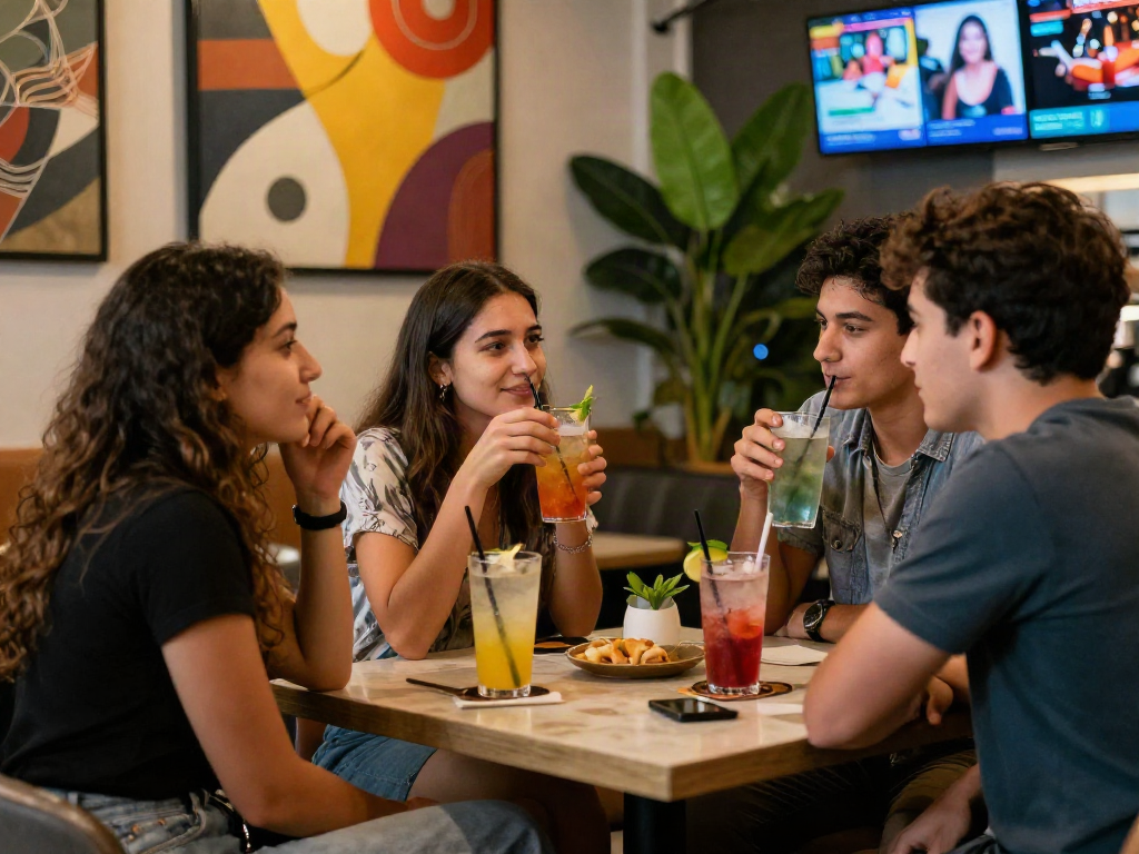 Friends enjoying cocktails in a trendy urban café atmosphere, capturing the essence of rokok88.