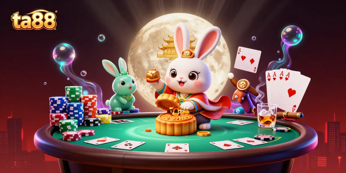 Experience ta88's thrilling moon-themed gambling scene with poker chips and golden mooncakes.