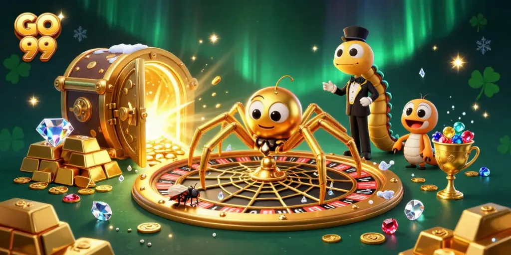 Engage in online betting with GO 99 as the golden spider spins a roulette wheel.