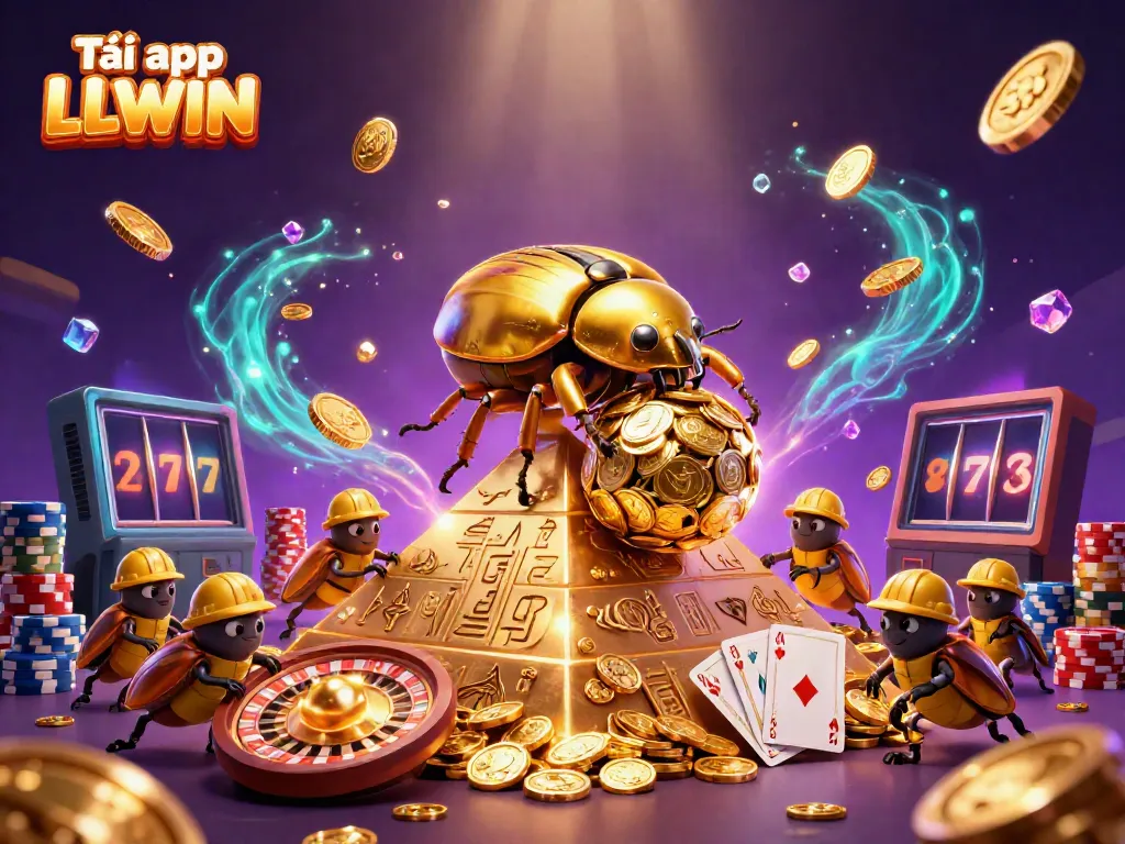 Experience Tải app LLWIN with a vibrant 3D scene featuring a golden dung beetle and casino elements.