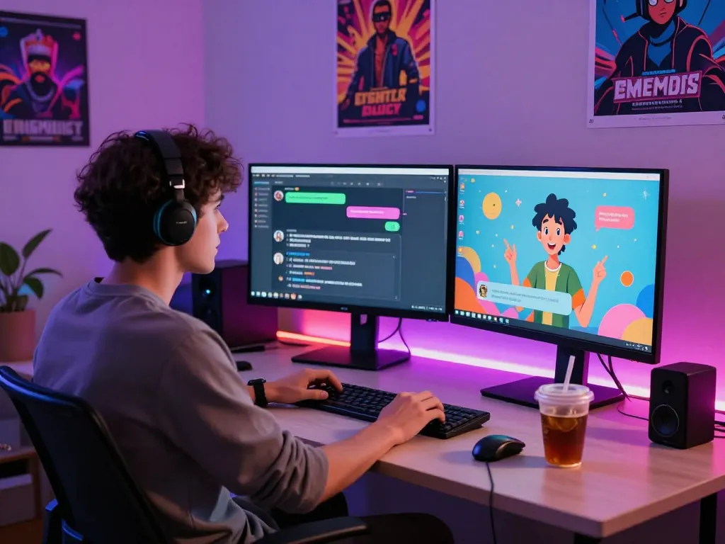 Engaging chat environment with crushon AI character on screen, modern workspace setup, vibrant ambiance.