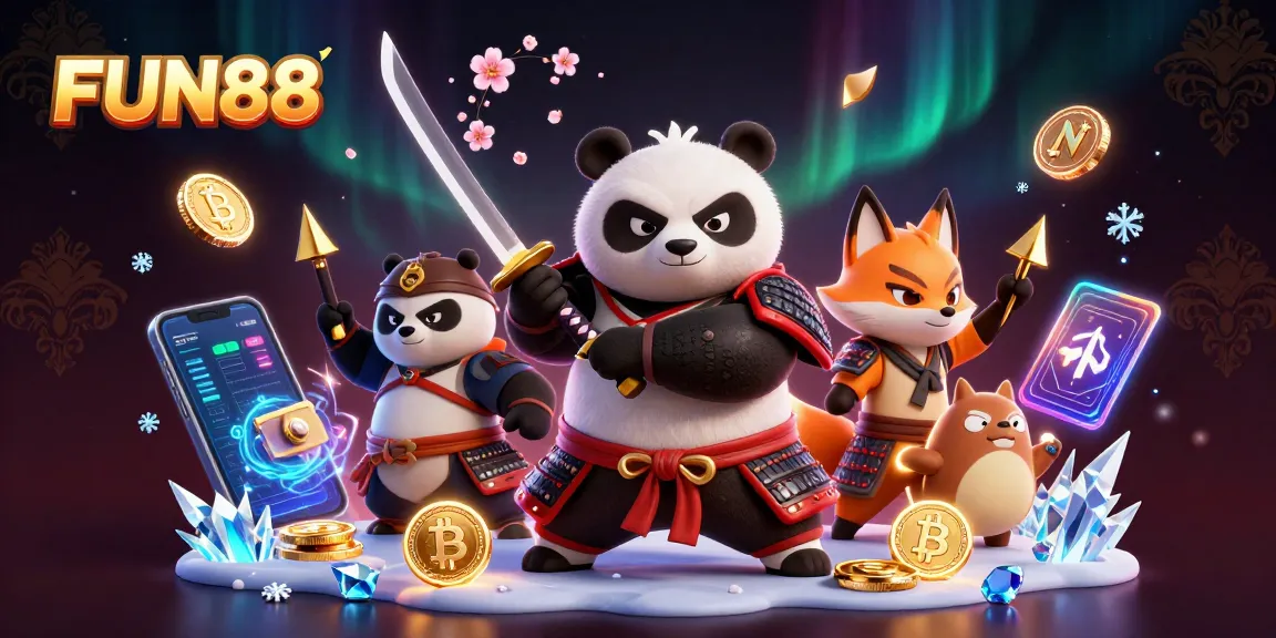 Experience the thrill of FUN88 with vibrant samurai and ninja characters amidst glowing crypto elements.