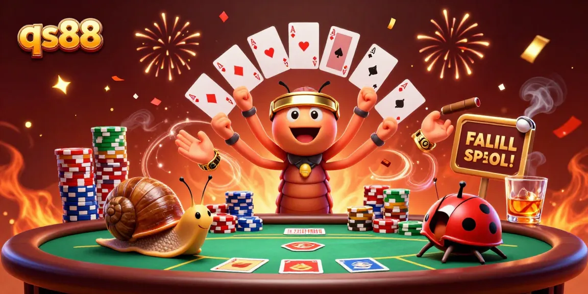 Experience vibrant qs88 gameplay with a dynamic cartoon casino scene featuring a cartoon dealer, chip stacks, and festive elements.