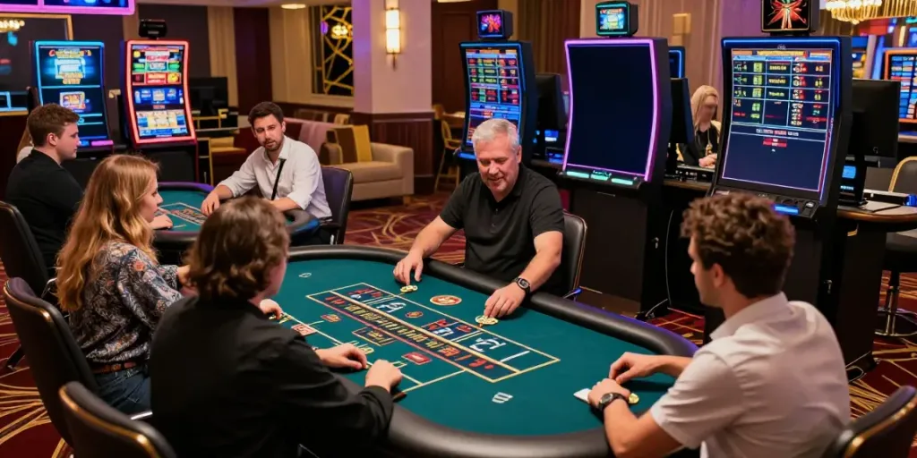 Dynamic online gaming scene at FC88, showcasing diverse players enjoying roulette and poker in a vibrant casino atmosphere.