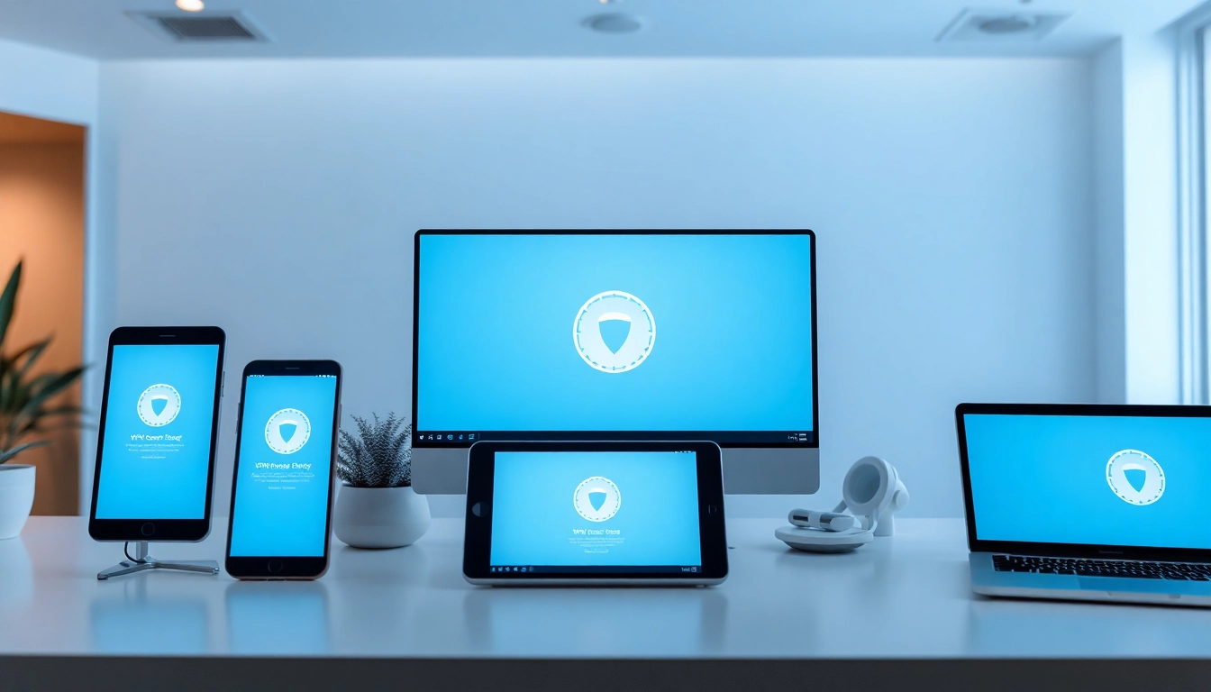快连下载 interface showcased on various devices in a modern workspace, symbolizing global connectivity and security.