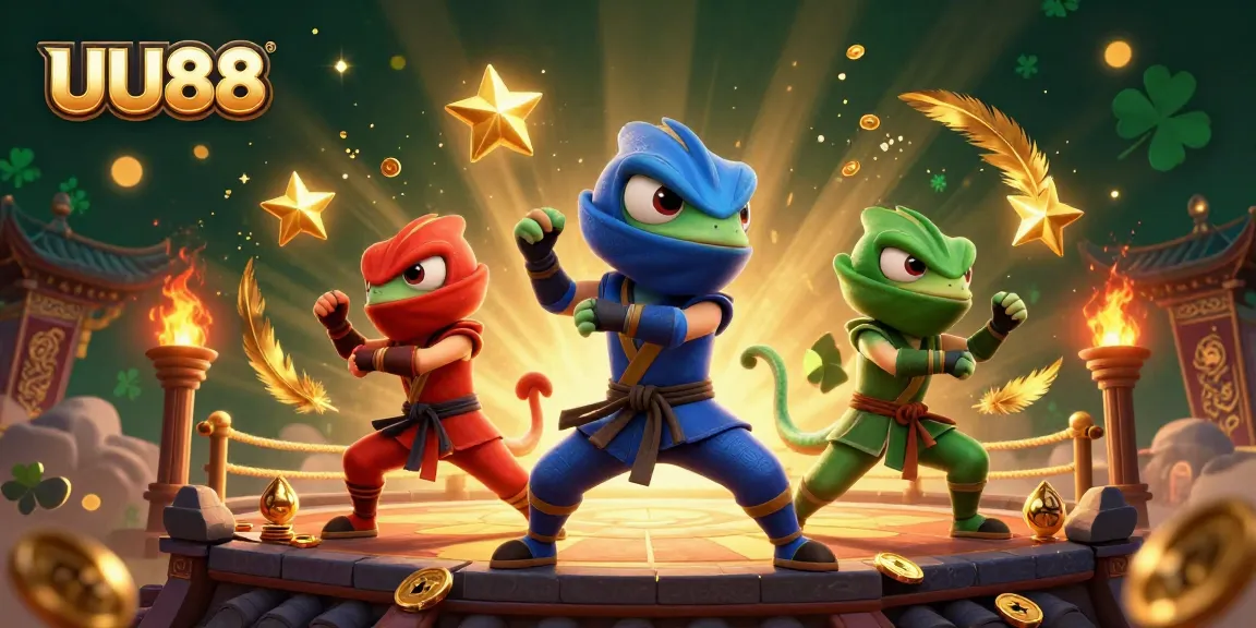 Engage in thrilling gameplay with UU88's vibrant ninja chameleons showcasing synchronized martial arts.