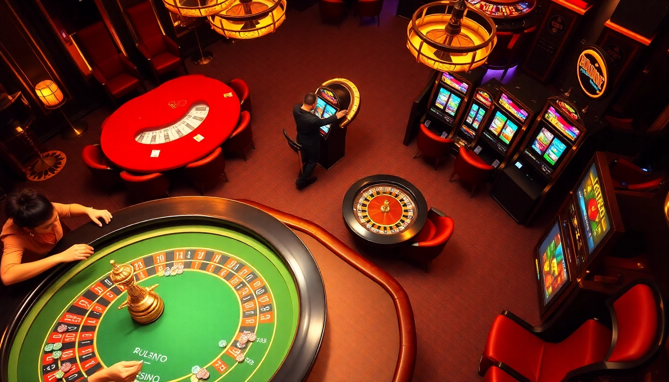 Experience exciting gameplay at https://ku88it.com/ with vibrant casino scenes featuring roulette wheels and slot machines.