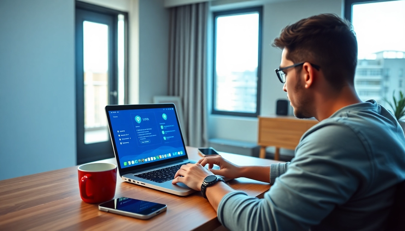 快连下载 VPN application interface on a laptop, emphasizing security and ease of use in a modern workspace.