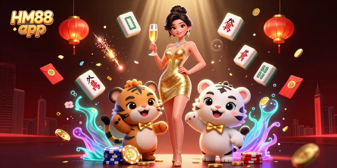 Win big with the HM88 app in this vibrant 3D casino scene featuring classic gambling elements.