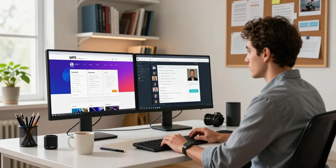 Professional using WPS Official Website in a modern workspace with dual monitors and collaborative tools.