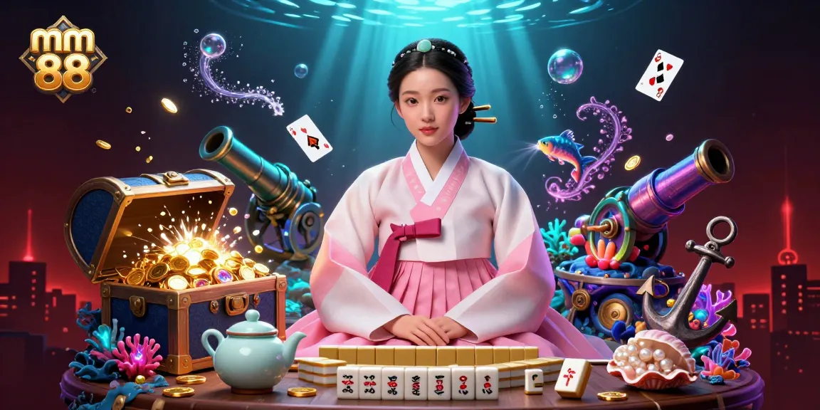 Engage with mm 88 through a vibrant illustration of a serene woman immersed in online gaming, featuring treasure and glowing elements.
