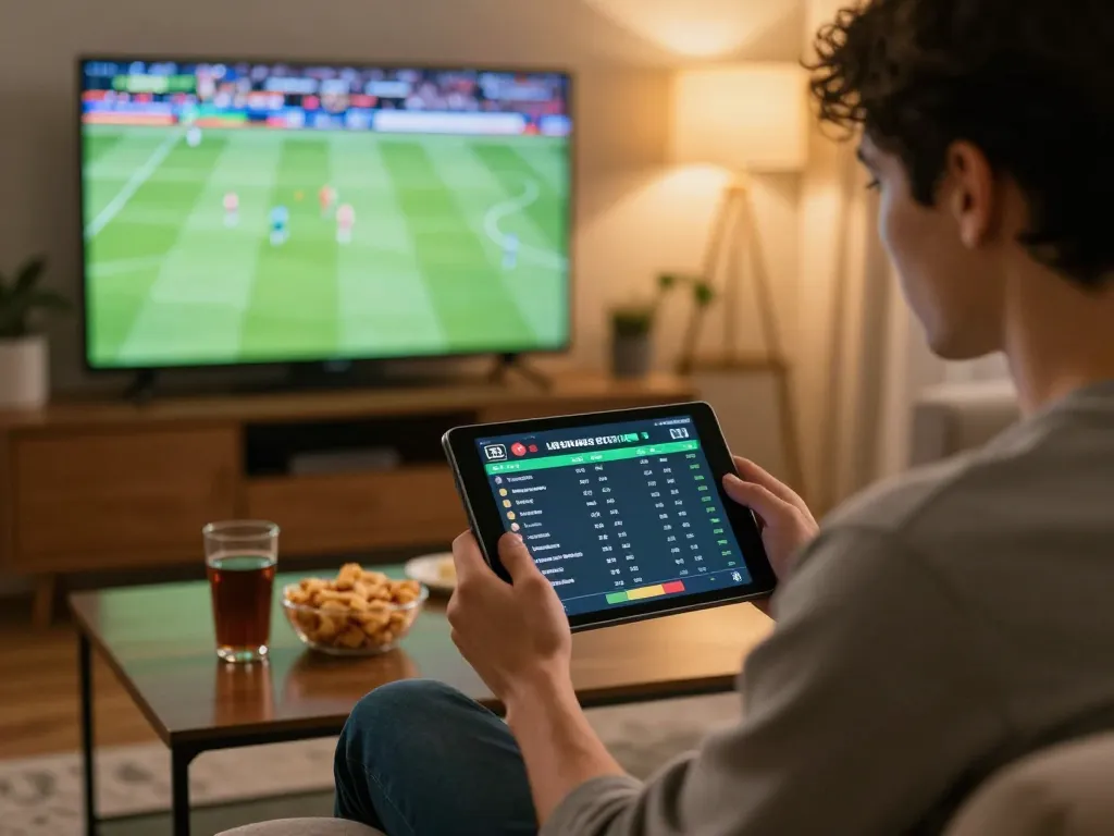 Betting strategies in action as a sports bettor analyzes odds on a tablet, highlighting kèo nhà cái chuẩn for informed decisions.