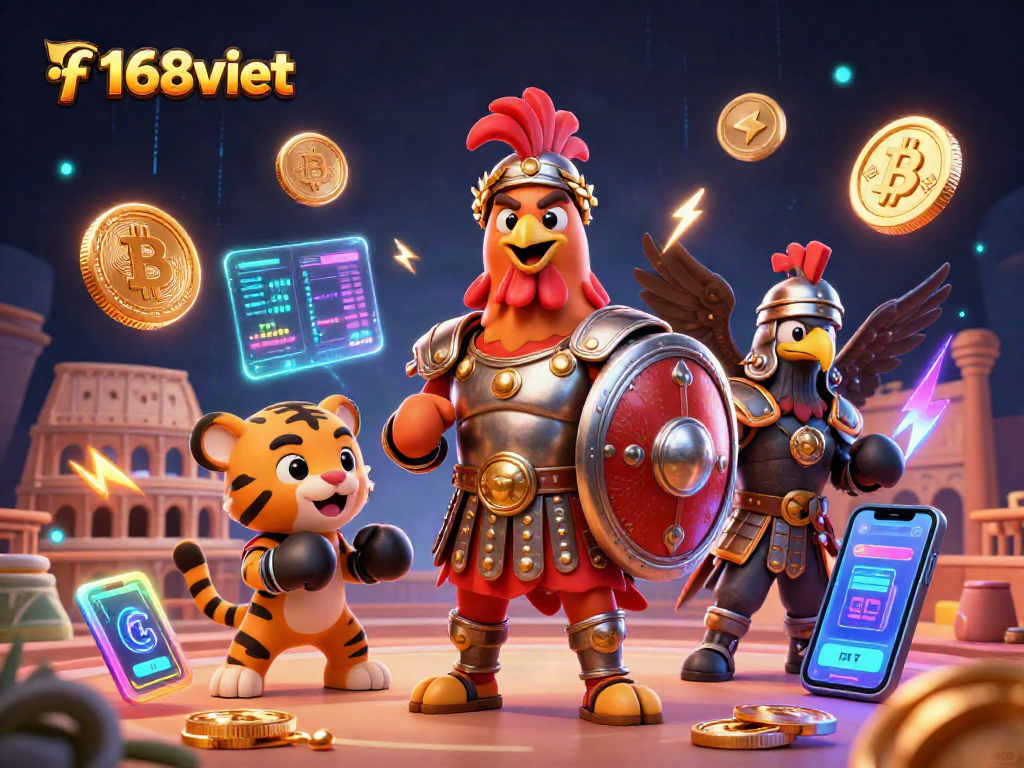 Experience the thrill of f168viet with a vibrant 3D cartoon scene showcasing engaging characters and crypto elements.